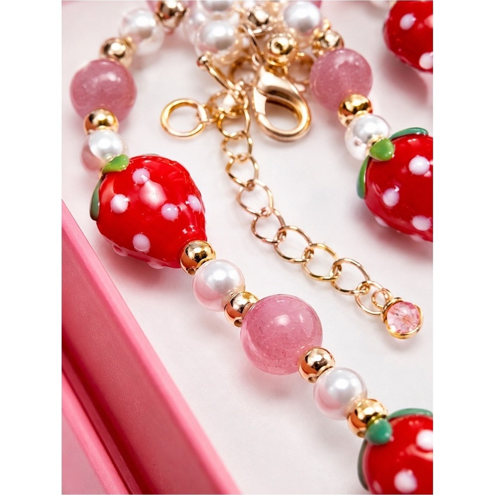 Viral Piper K Strawberry Glass Beaded Necklace Pink Tourmaline Cottagecore NIB - Picture 2 of 3
